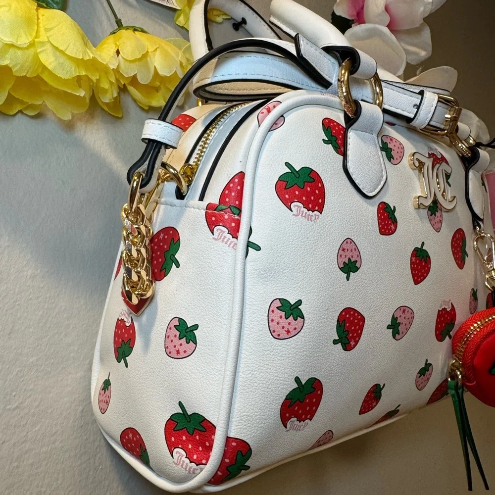 Juicy Couture White Strawberry Print Satchel with Red Strawberry Charm